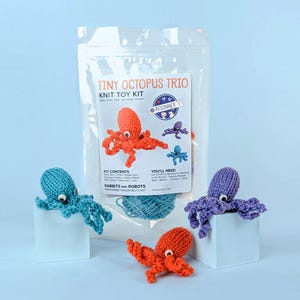 May include: A Tiny Octopus Trio knit toy kit for beginners. The kit includes three small, colorful, knitted octopus toys in teal, orange, and purple. The kit packaging is a clear plastic bag with the words "Tiny Octopus Trio Knit Toy Kit".