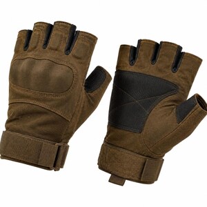 May include: A pair of brown fingerless gloves with black detailing. The gloves feature padded knuckles and a wrist strap for a secure fit. The design incorporates reinforced sections for durability and protection. Suitable for outdoor activities or tactical applications.