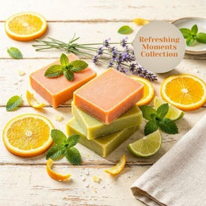 May include: An arrangement of orange and green soaps, orange slices, mint sprigs, and lavender sprigs. The soaps are stacked and arranged on a white wooden surface. The text "Refreshing Moments Collection" is in a circle.