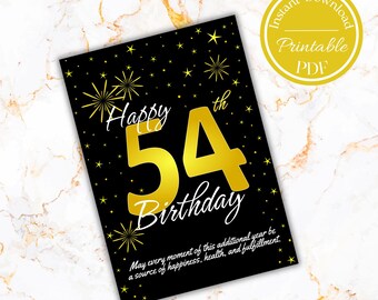 Happy 54th Birthday black and gold card with stars.