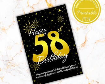 Happy 58th Birthday card black and gold with message.