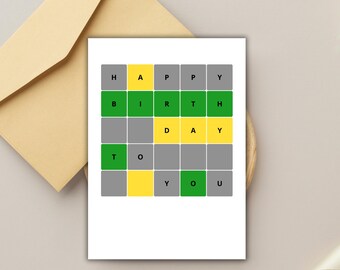 Wordle birthday card printable. Game card green and yellow for birthday.
