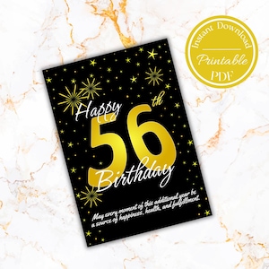 cartão de feliz aniversário de 56 anos preto e dourado engraçado