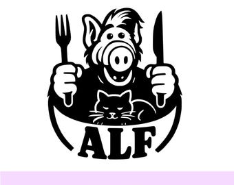 Alf Eats a Cat SVG, Cartoon Alien, Retro TV Show Clipart, Cricut Cutting File, Laser Engraving Design, PNG 300 dpi, Instant Download