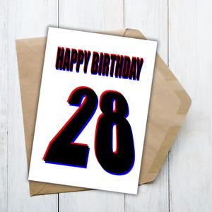 3D - 28th Birthday Celebration Card - Red & Blue Outline Design