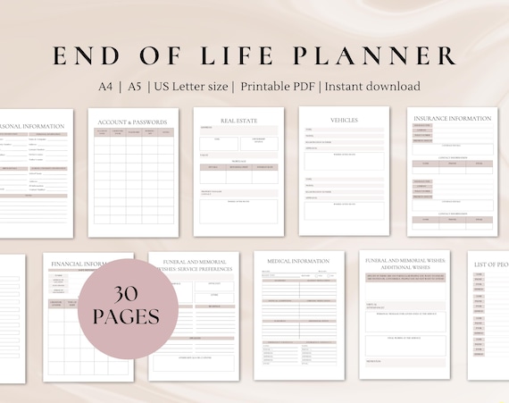 End of life planner | just in case of emergency binder | if I die binder | death planner | Printable planner | Funeral planner | A4, A5, US