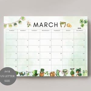 Kalender maart 2025 | St. Patrick's Day | bewerkbare kalender | invulbare kalender voor maart | karweikaart | afdrukbare planner | A4 en US Letter-formaat