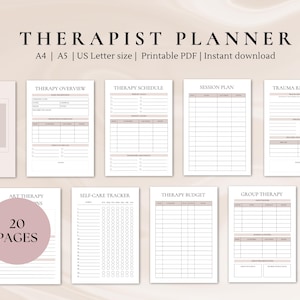 Peut inclure: Un planificateur de thérapie imprimable de 20 pages. Le planificateur comprend des sections pour la vue d'ensemble de la thérapie, le calendrier de la thérapie, le plan de session, le rétablissement des traumatismes, l'art-thérapie, le suivi des soins personnels, le budget de la thérapie, la thérapie de groupe et le suivi de vos déclencheurs.