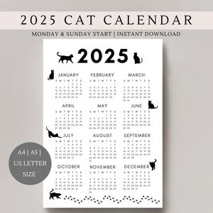 Calendario de gatos / Calendario 2025 / Calendario anual / Regalos para amantes de los gatos / Calendario de pared / Calendario imprimible / Tamaño A4, A5, Carta de EE. UU.