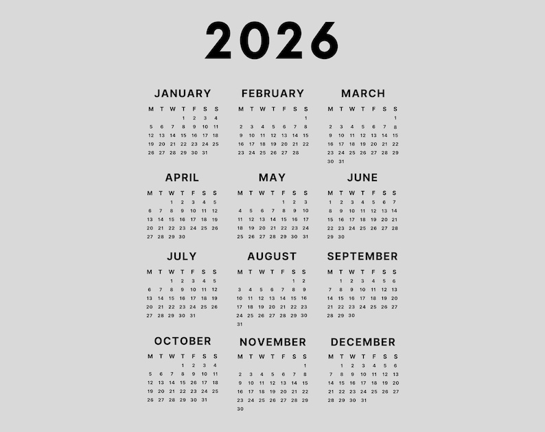 2026 Calendar PNG Sublimation Transparant Background Instant