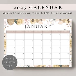 2025 Flower Calendar | Monthly Calendar Landscape | wall calendar | 2025 planner | art calendar | watercolor calendar | Printable calendar