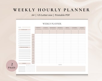 Weekly Hourly planner | Printable planner |   Minimalist planner | Weekly to do list | Printable planner | A4, A5, US Letter size