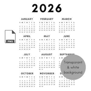 2026 Calendar PNG | Sublimation | Transparant background | Instant download | 2026 planner | yearly calendar