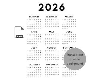 2026 Calendar PNG | Sublimation | Transparant background | Instant download | 2026 planner | yearly calendar