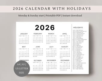 2026 Calendar with holidays | Single page | Full year calendar | desk calendar | A4, A5 & US Letter size | landscape calendar | Printable