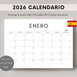 Peut inclure: Un calendrier imprimable 2026 en espagnol, commençant par le dimanche. Le calendrier est pour le mois de janvier et présente le mot espagnol "ENERO" pour janvier en haut. Le calendrier est en noir et blanc et a un design simple.
