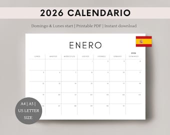 Calendario 2026 Español | 2026 Spanish calendar | Inicio en domingo y lunes | Calendario imprimible | Planificador 2026 | Elegant Calendario
