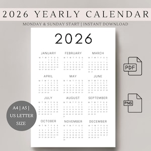2026 Calendar | Single page | Monday & Sunday start | Full year calendar | Desk calendar | wall calendar | 2026 planner | SVG | PNG | PDF
