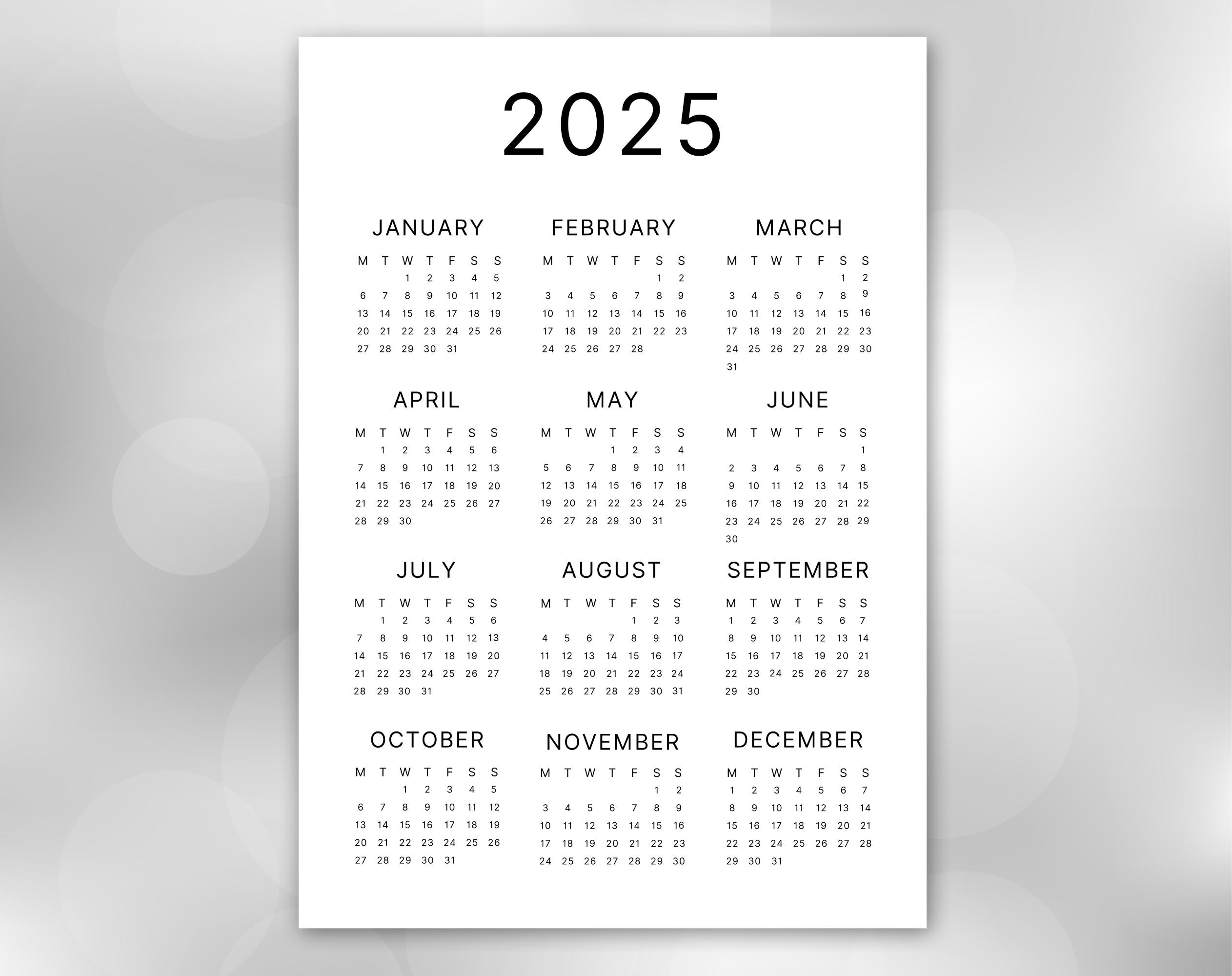 2025 Year at a Glance Calendar - Single Page - Monday & Sunday Start ...