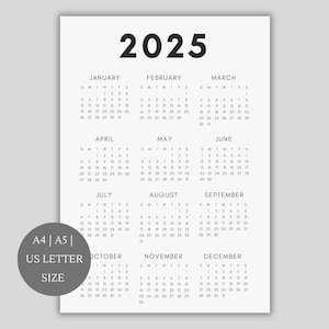2025 Calendar | Single page | Full year calendar | Desk calendar | wall calendar | Calendar poster | 2025 planner | printable calendar