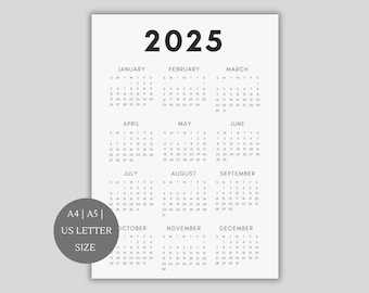2025 Calendar | Single page | Full year calendar | Desk calendar | wall calendar | Calendar poster | 2025 planner | printable calendar