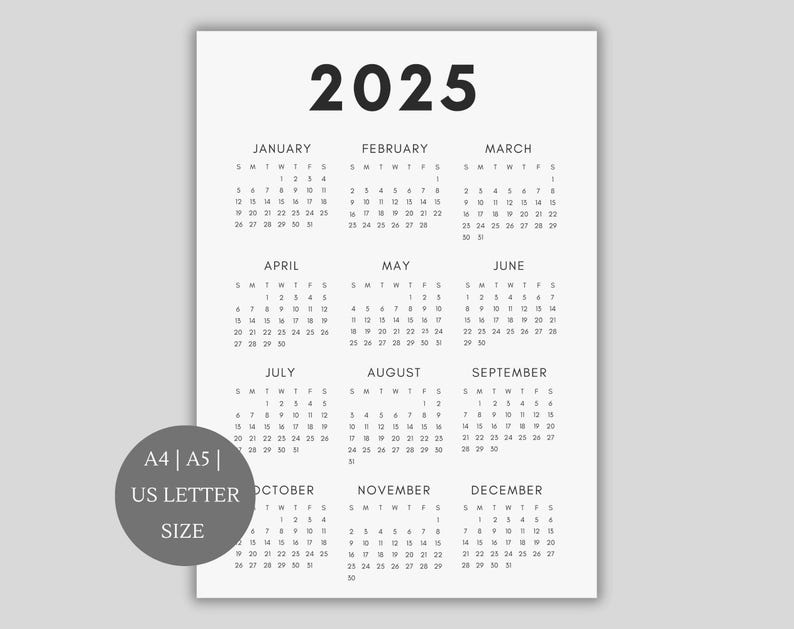 2025 Calendar | Single page | Sunday start | Monday start | Desk calendar | wall calendar | printable calendar | 2025 planner | printable planner | calendar template | calendar digital | digital planner | calendar 2025 | Instant download |