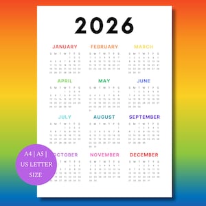 2026 Calendar | Single page | Full year calendar | Desk calendar | wall calendar | 2025 Calendar Rainbow |  PDF | PNG | A4, A5, US Letter