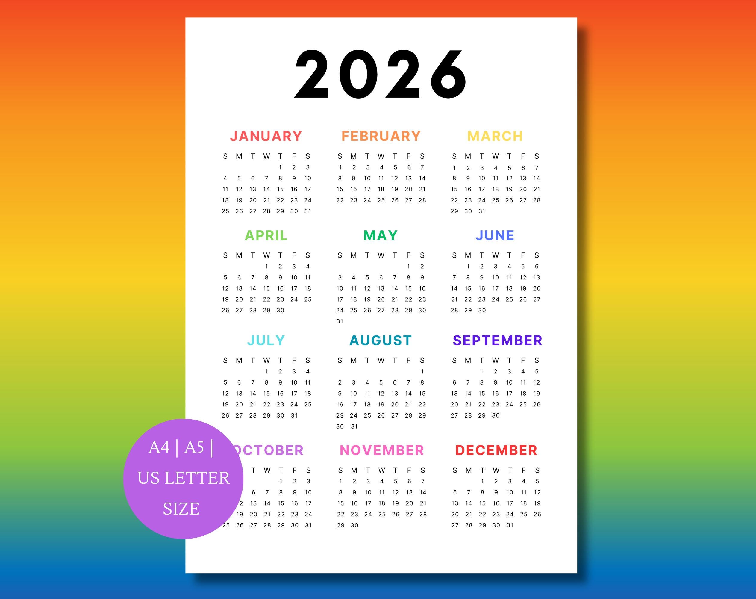 2026 Calendar | Single page | Full year calendar | Desk calendar | wall calendar | 2025 Calendar Rainbow |  PDF | PNG | A4, A5, US Letter
