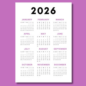 2026 Calendar | Single page | Full year calendar | Desk calendar | wall calendar | 2026 Calendar poster | 2026 planner | PDF