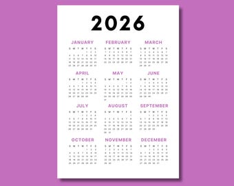 2026 Calendar | Single page | Full year calendar | Desk calendar | wall calendar | 2026 Calendar poster | 2026 planner | PDF