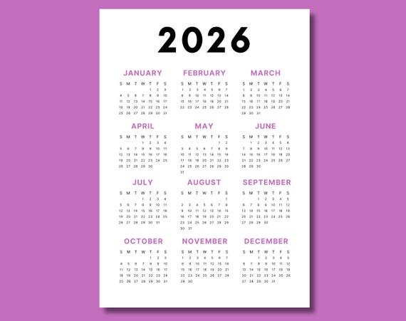 2026 Calendar | Single page | Full year calendar | Desk calendar | wall calendar | 2026 Calendar poster | 2026 planner | PDF