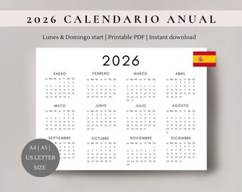 Calendario 2026 Español | 2026 Spanish calendar | Página única | Calendario horizontal | Planificador 2026 |   Calendario imprimible