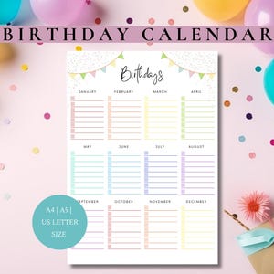 Birthday Calendar | Birthday tracker | Printable birthday calendar | Colorful birthday calendar | family birthday calendar