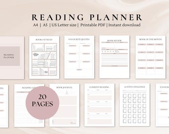 May include: Printable reading planner with 20 pages. The planner includes sections for books to read, favorite quotes, book reviews, book of the month, reading log, book journal, current reading, 30 days challenge, and favorites.