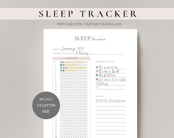 May include: Printable sleep tracker with a monthly calendar, a section to track hours slept, a bedtime routine checklist, and a notes section. The tracker is designed for January 2025 and has a nightly sleep goal of 8 hours.
