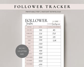 Follower Tracker | Instagram followers | Tiktok followers | Facebook followers | Goal planner | printable tracker | A4, A5, US Letter