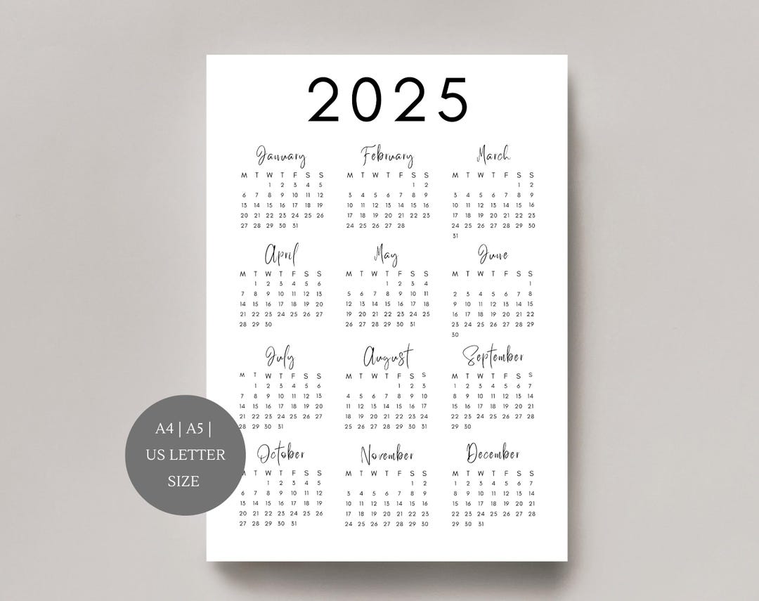 2025 Calendar | Single Page | Yearly Calendar | Desk Calendar | Wall ...