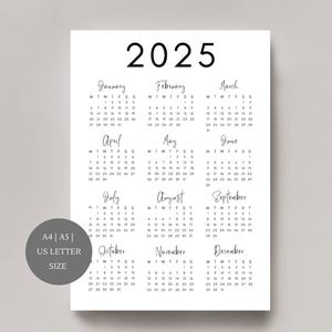 Calendario 2025 / Página única / Calendario anual / Calendario de escritorio / Calendario de pared / Planificador 2025 / Calendario imprimible / A4, A5, Carta de EE. UU.