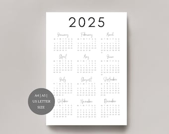 2025 Calendar | Single page | Yearly calendar | Desk calendar | wall calendar |  2025 planner | printable calendar | A4, A5, US Letter