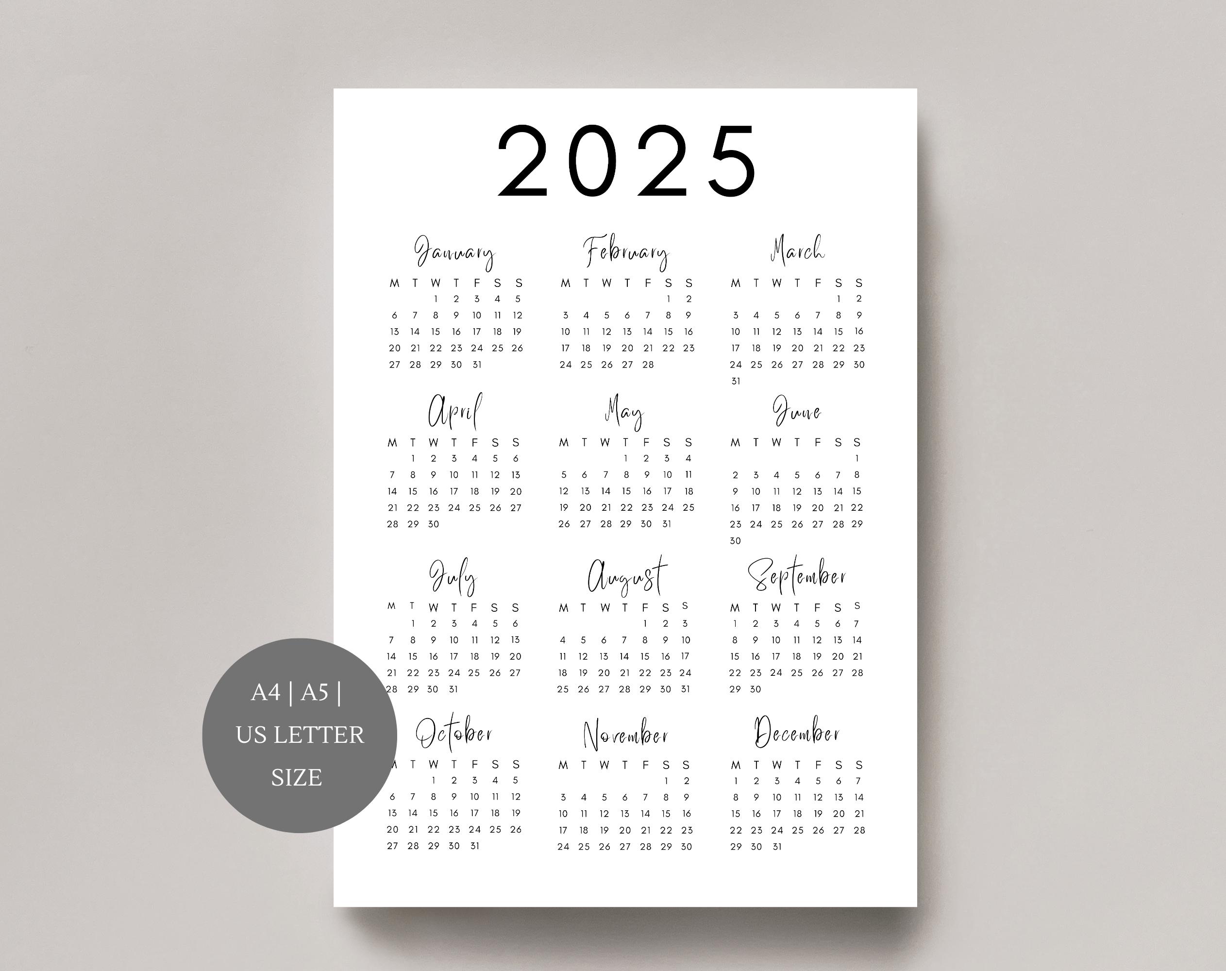 2025 Calendar | Single page | Yearly calendar | Desk calendar | wall calendar |  2025 planner | printable calendar | A4, A5, US Letter