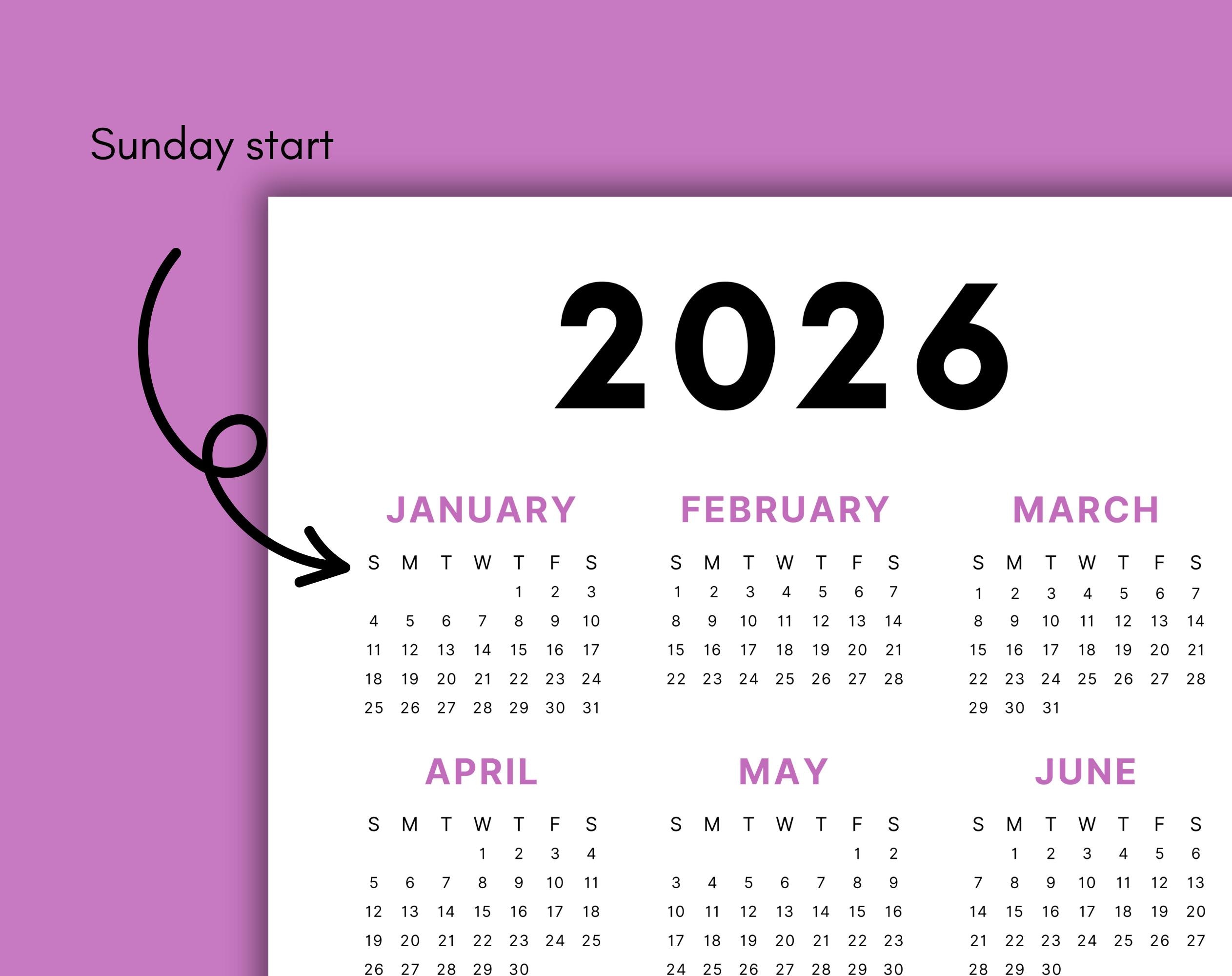 2026 Calendar Single Page Full Year Calendar Desk Calendar Wall