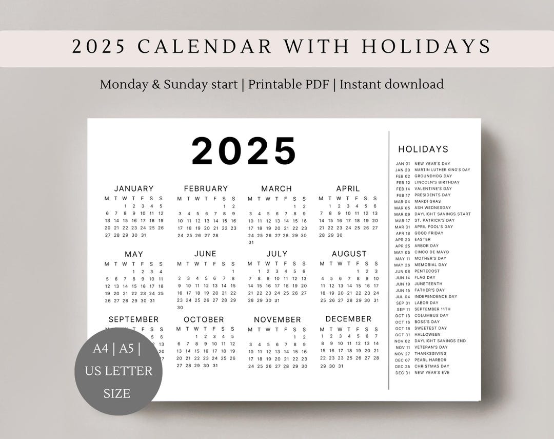 2025 Calendar With Holidays | Single Page | Full Year Calendar | Desk ...