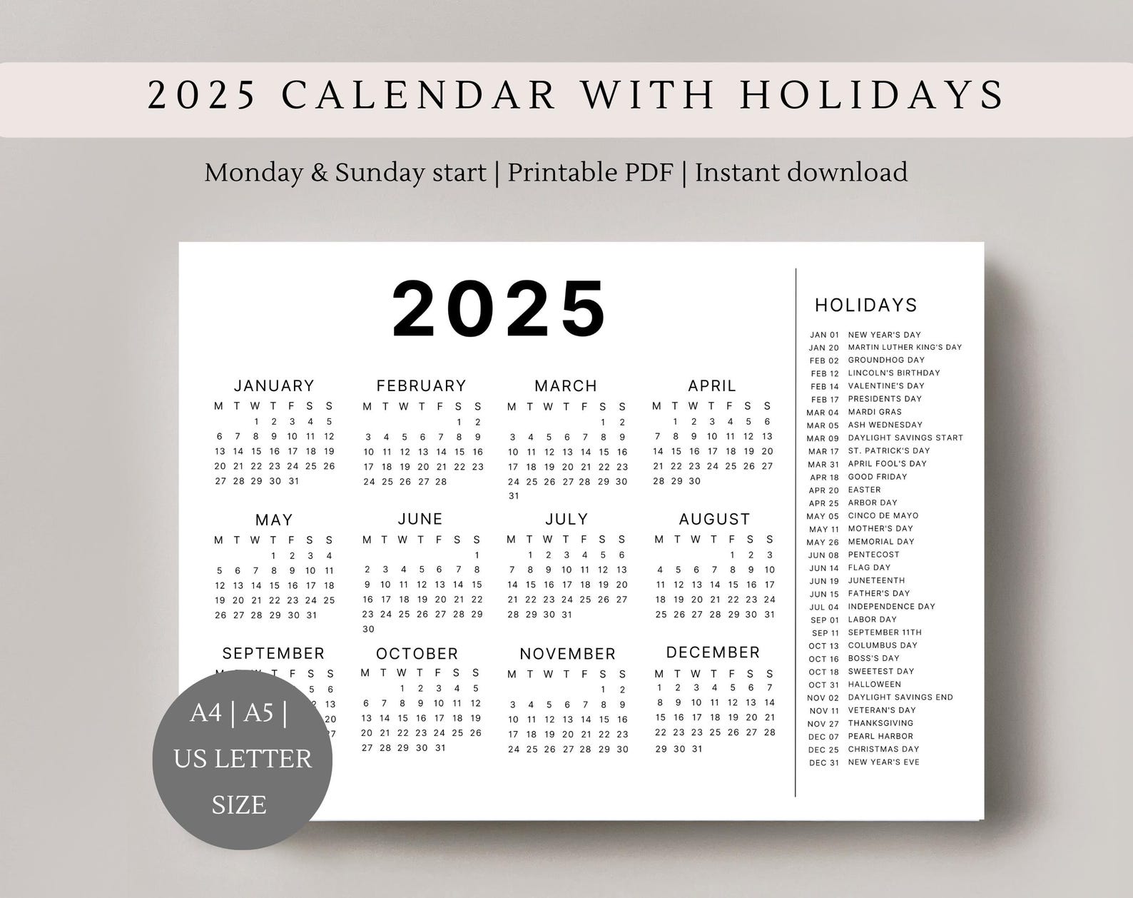 2025 Calendar With Holidays | Single Page | Full Year Calendar | Desk