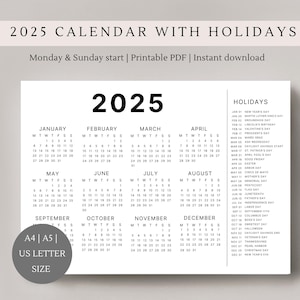 Calendario 2025 con días festivos / Página única / Calendario de año completo / Calendario de escritorio / Tamaño A4, A5 y Carta de EE. UU. / Calendario horizontal