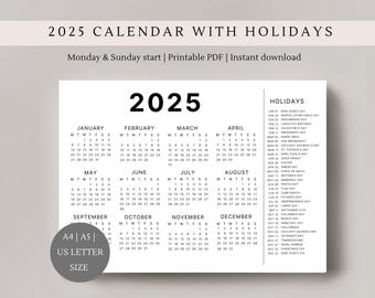 2025 Calendar with holidays | Single page | Full year calendar | desk calendar | A4, A5 & US Letter size | landscape calendar