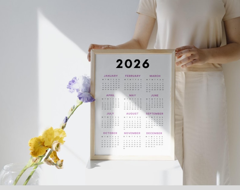 2026 Calendar Single Page Full Year Calendar Desk Calendar Wall