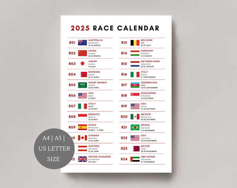 2025 Race Calendar Grand Prix Schedule Motorsport Wall Art Single