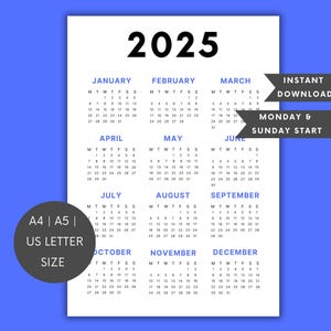 2025 Calendar | Single Page | Yearly Calendar | Desk Calendar | Wall ...
