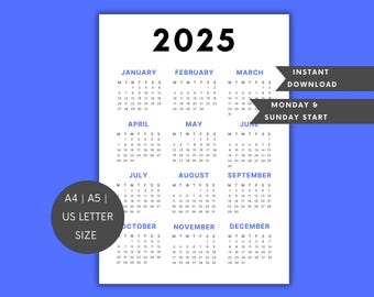 2025 Calendar |  Single page | Yearly calendar | Desk calendar | wall calendar | printable calendar | 2025 planner