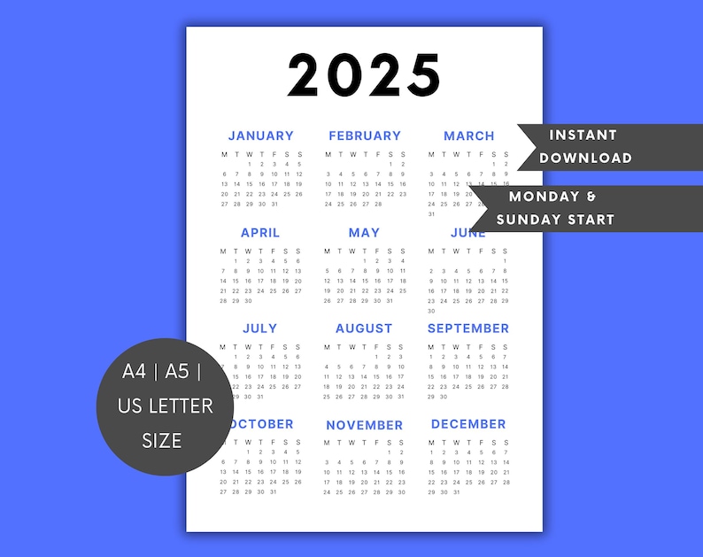 2025 calendar single page yearly calendar desk calendar wall